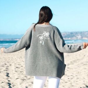 The Beach People Grey Knit Sweater with embroidered Palm Tree Design